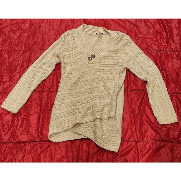 VENUS WOMENS Size Medium KNIT LONG SLEEVE BEIGE V-NECK HIGH LOW FRONT SWEATER - Picture 2 of 11